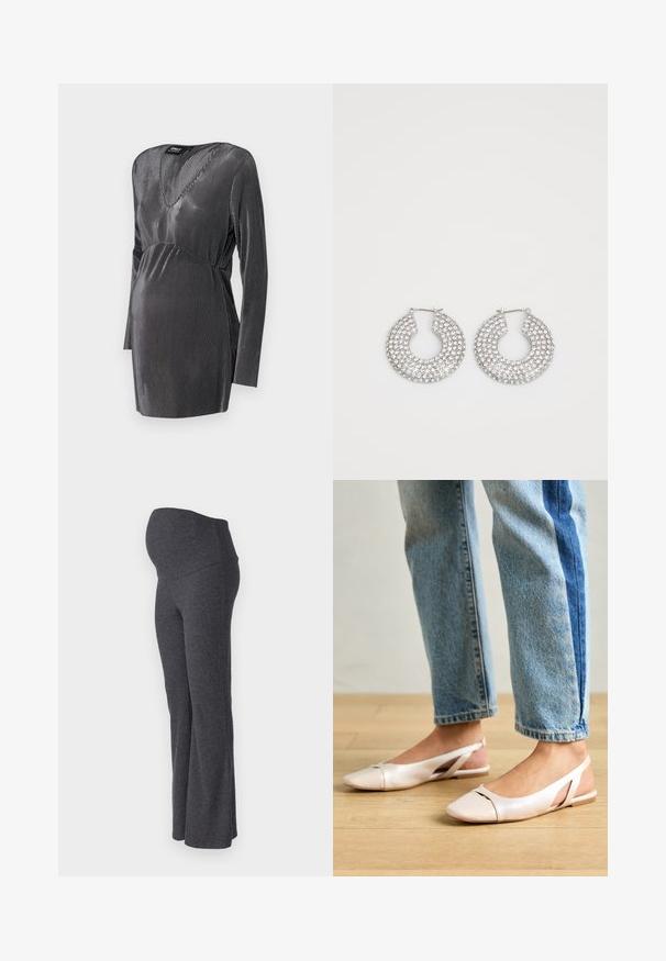 Fekete és ezüst csíkos kismama ruha V nyakkivágással, hosszú ujjal és emelkedett derékvonallal, a kényelem és a stílus érdekében a terhesség alatt.; ONLY MATERNITY OLMHALLE - Nadrágok - dark grey; Világos rózsaszín slingback laposlábú cipők, hegyes orral, sima bőrhatású anyagból készült. Oldalt kivágott részletek találhatók rajta, valamint lapos sarkú.; Ezüst karika fülbevalók, amelyeket több átlátszó kristály díszít, texturált felülettel és nyitott, kör alakú kialakítással.