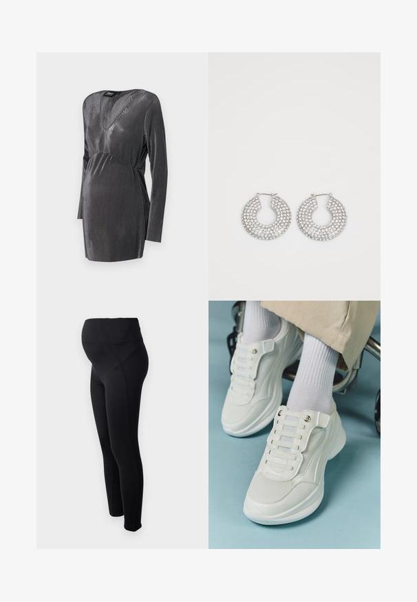 Abito premaman a strisce nere e argentate con scollatura a V, maniche lunghe e linea sotto il seno, progettato per comfort e stile durante la gravidanza.; Leggings premaman neri con vita alta, realizzati in materiale elasticizzato. Presentano una texture liscia e un design aderente per il massimo comfort.; Sneaker bianchi realizzati in materiale a rete, suola in gomma, design senza lacci con bande elastiche e dettagli in tonalità oro.; Orecchini a cerchio in argento decorati con numerosi abbellimenti in cristallo trasparente, con una superficie testurizzata e un design circolare aperto.