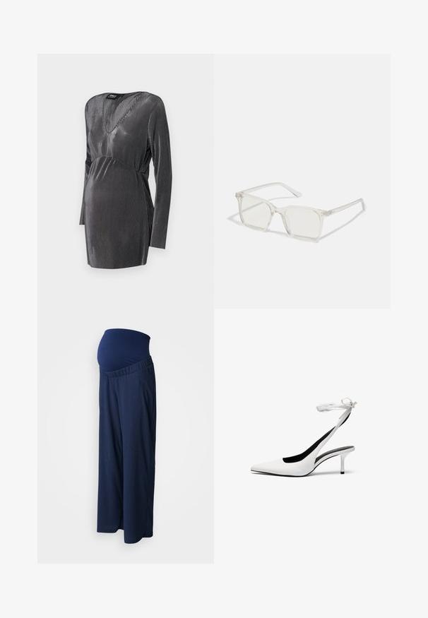 Czarna i srebrna w paski sukienka ciążowa z dekoltem w serek, długimi rękawami i talią empire, zaprojektowana z myślą o komforcie i stylu w czasie ciąży.; Granatowe spodnie ciążowe z rozciągliwą, teksturowaną talią. Nogawki są szerokie i zwiewne, zaprojektowane z myślą o komforcie w czasie ciąży.; Białe czółenka na słupku z odkrytą piętą i wąskim paskiem wokół kostki. Gładka skórzana powierzchnia, cienki obcas typu stiletto oraz czarne wnętrze.; Przezroczyste, kwadratowe okulary z plastiku z półprzezroczystymi soczewkami, z złotymi akcentami na zausznikach dla dodatkowego wykończenia.