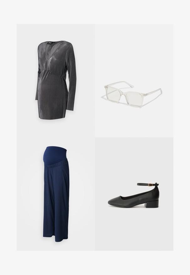 Black and silver striped maternity dress with a V-neck, long sleeves, and an empire waistline, designed for comfort and style during pregnancy.; Navy blue maternity pants with a stretchy, textured waistband. The legs are wide and flowy, designed for comfort during pregnancy.; Black leather pump with a pointed toe and a low block heel. Features an ankle strap with a gold-tone buckle. Smooth texture.; Clear plastic square-frame glasses with translucent lenses, featuring gold accents on the temples for added detail.; Black leather crossbody bag with a flat shape, gold hardware accents, and an adjustable strap. Smooth texture with minimal stitching details.