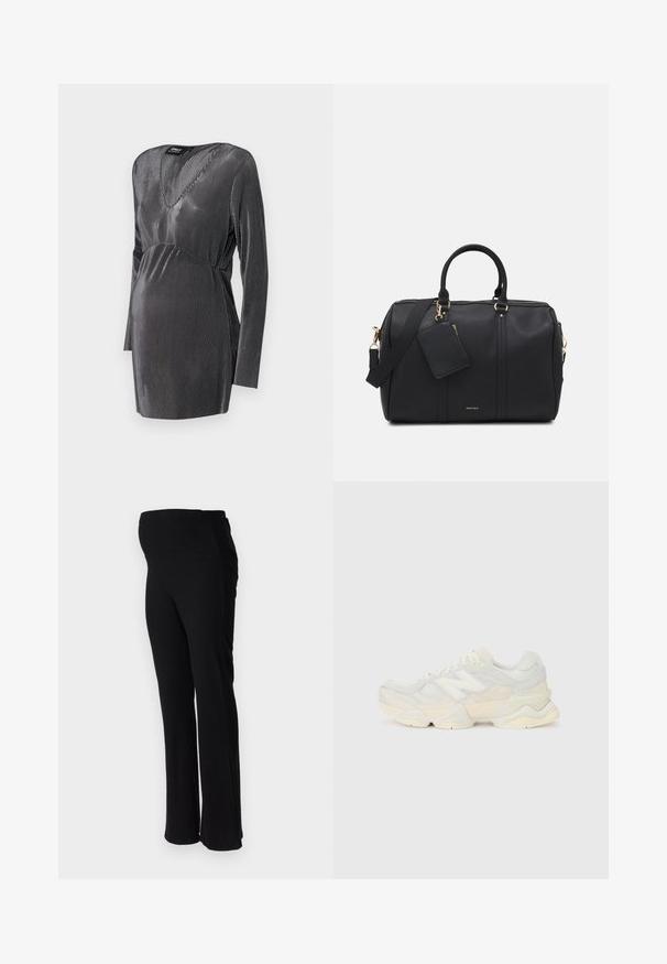 Zwart en zilver gestreepte zwangerschapsjurk met een V-hals, lange mouwen en een empire taille, ontworpen voor comfort en stijl tijdens de zwangerschap.; ONLY MATERNITY OLMHALLE - Broek - black; Lichte sneaker met een bovenwerk van mesh en suede in zachte crèmekleuren, met een chunky zool en driedimensionale accenten.; Zwarte faux leren sporttas met gouden hardware, dubbele bovenhandvatten, verstelbare schouderriem en een verwijderbaar labelvak.