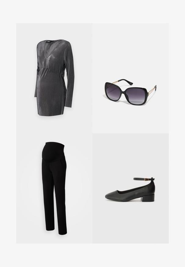 Czarna i srebrna w paski sukienka ciążowa z dekoltem w serek, długimi rękawami i talią empire, zaprojektowana z myślą o komforcie i stylu w czasie ciąży.; Spodnie ciążowe w kolorze czarnym, z elastycznym paskiem dla wygody, kieszeniami bocznymi, prostym krojem nogawek i miękką teksturą materiału.; Czarne skórzane szpilki z ostrym noskiem i niskim słupkowym obcasem. Wyposażone w pasek na kostkę z złotym zapięciem. Gładka tekstura.; Czarne oversize okulary przeciwsłoneczne z gradientowymi soczewkami, grubymi oprawkami i złotym łańcuszkiem na ramionach.