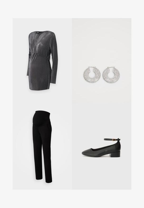 Vestido de maternidade listrado em preto e prata, com decote em V, mangas longas e cintura império, projetado para conforto e estilo durante a gravidez.; Calças de maternidade em preto, com um cós elástico para maior conforto, bolsos laterais, design de perna reta e textura de tecido macio.; Sandal de pele preta com bico pontiagudo e um salto bloco baixo. Apresenta uma tira no tornozelo com uma fivela em tom dourado. Textura suave.; Brincos de argola em prata adornados com múltiplos cristais transparentes, apresentando uma superfície texturizada e um design circular aberto.