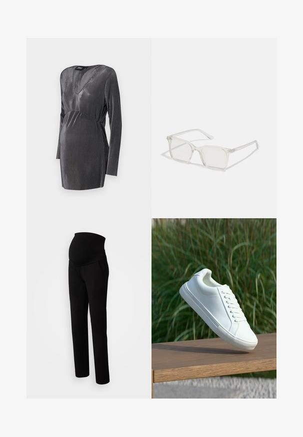 Zwart en zilver gestreepte zwangerschapsjurk met een V-hals, lange mouwen en een empire taille, ontworpen voor comfort en stijl tijdens de zwangerschap.; Zwangere broeken in zwart, met een rekbare tailleband voor comfort, zijzakken, recht model en een zachte stofstructuur.; Witte leren sneaker met ronde neus, vetersluiting aan de voorkant en een gestructureerde rubberen zool, weergegeven tegen een vervaagd groene gras achtergrond.; Heldere plastic vierkante monturen met doorzichtige glazen, gekenmerkt door gouden accenten op de slapen voor extra detail.