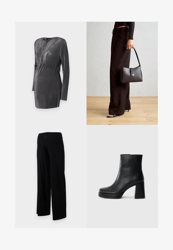 Fekete és ezüst csíkos kismama ruha V nyakkivágással, hosszú ujjal és emelkedett derékvonallal, a kényelem és a stílus érdekében a terhesség alatt.; Fekete, bőszárú nadrág, rugalmas derékkal és sima, rugalmas textúrával. Egyszerű dizájnnal rendelkezik, minták vagy díszítések nélkül.; Fekete bőr bokacsizma tömbsarkal és platform talppal, oldalról nézve, sima fehér háttéren.; Fekete kézi táska strukturált formával, sima textúrával és fémből készült záródással. Széles fekete nadrággal és nyitott orrú szandállal párosítva, fából készült padlón.