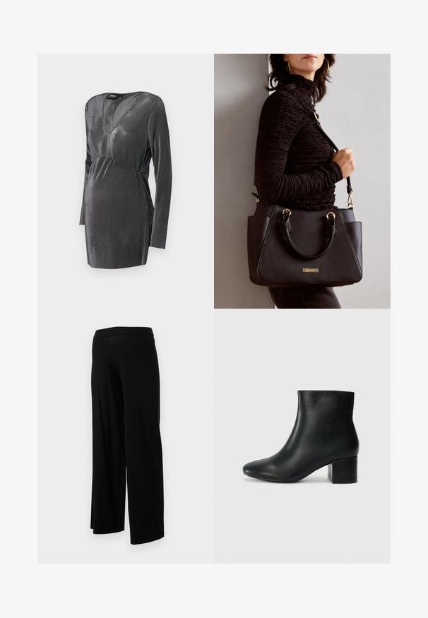 Vestido de maternidad a rayas negro y plateado con escote en V, mangas largas y cintura imperio, diseñado para ofrecer comodidad y estilo durante el embarazo.; Pantalones negros de pierna ancha con una cinturilla elástica y una textura suave y flexible. Presentan un diseño simple, sin patrones ni adornos.; Botas de cuero negras hasta el tobillo con una punta afilada y un tacón grueso. Textura lisa con acentos mínimos y un diseño elegante y ajustado.; Bolso negro con superficie texturizada, doble asa superior y correa para hombro ajustable. Presenta herrajes en tono dorado y bolsillos laterales.