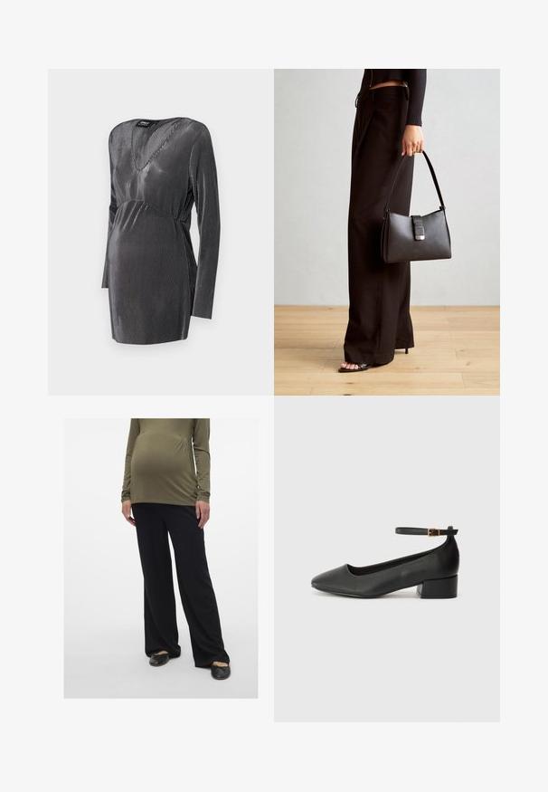 Mustavalkoraitaline raseduskleit V-kaelusega, pikkade varrukatega ja kõrgendatud taljejoonega, loodud mugavuse ja stiili jaoks raseduse ajal.; Kurgus ülikond oliivrohelises, pikkade varrukatega, vöökoht on kokku tõmmatud, kombineeritud mustade laia säärega pükstega. Jal footwear: mustad libisemisjalanõud.; Must mustaapp, millel on terav nina ja madal blokk-kand. Omab pahkluu rihma koos kuldse tooni pandlaga. Sile tekstuur.; Must musta kott, millel on struktureeritud kuju, sile tekstuur ja metallist klamber. Kombineeritud laiate mustade pükstega ja avatud varvaste sandaalidega puidust põrandal.