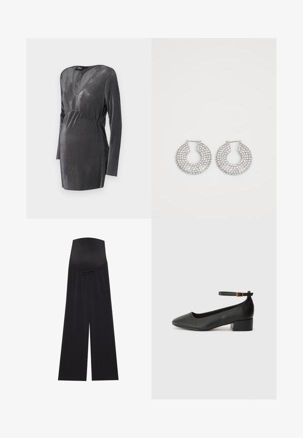Fekete és ezüst csíkos kismama ruha V nyakkivágással, hosszú ujjal és emelkedett derékvonallal, a kényelem és a stílus érdekében a terhesség alatt.; Fekete kismama nadrág széles, rugalmas derékkal és masni díszítéssel. Puha anyagból készült, laza, széles szárú fazonnal.; Fekete bőr magassarkú cipő hegyes orral és alacsony tömb sarkal. Bokapánttal rendelkezik, aranyszínű csattal. Simább textúra.; Ezüst karika fülbevalók, amelyeket több átlátszó kristály díszít, texturált felülettel és nyitott, kör alakú kialakítással.