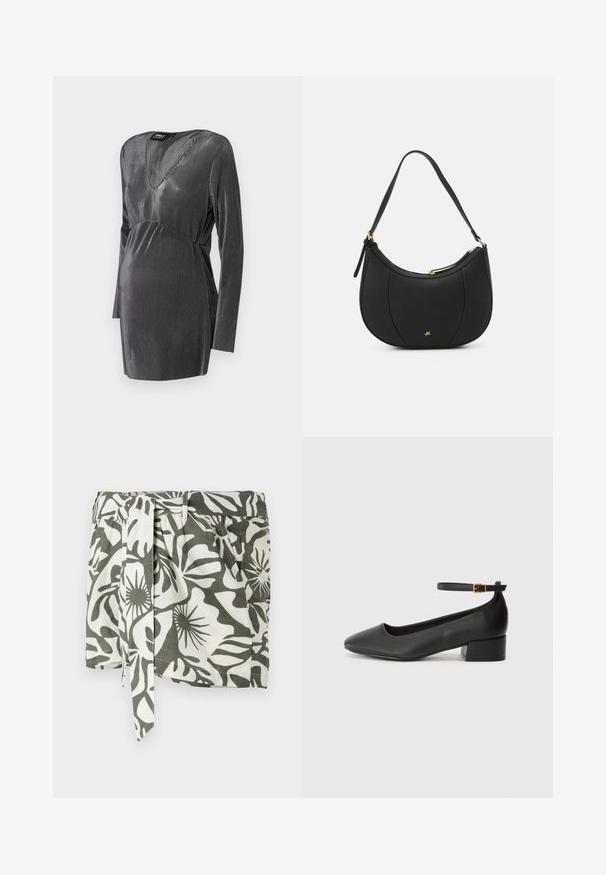 Svart og sølvstripet graviditetskjole med V-hals, lange ermer og empireliv, designet for komfort og stil under graviditeten.; Grønn og hvit blomstret omslagsskjørt med knyttet belte, laget av lett stoff, med en avslappet passform og sidesømsfolder.; Sorte skinnpumper med spiss tå og lav blokkhelt. Har ankelrem med gullfarget spenne. Glatt tekstur.; Svart skinnhåndveske med en buet form, teksturert overflate, fremre sømmer og en logo i gulltone. Har en enkelt justerbar stropp.