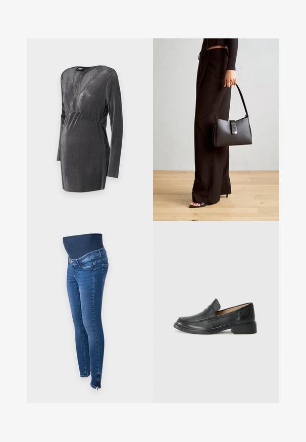 Melnā un sudrabotā svītraina grūtnieču kleita ar V veida kakla izgriezumu, garām piedurknēm un impērijas jostas līniju, kas izstrādāta, lai nodrošinātu komfortu un stilu grūtniecības laikā.; Mamma džinsi tumši zili denimu. Slim fit ar elastīgu, atbalstošu vēdera jostu. Piedāvā sānu rāvējslēdzējus potītē.; Melna ādas mokasīna ar zemu papēdi, ar izšūtu dizainu un viegli uzvelkamu stilu, uz gaišas baltas fona.; Melnā somiņa ar strukturētu formu, gludu tekstūru un metālu sprādzi. Saskaņota ar platām melnām biksēm un sandālēm ar atvērtu purngalu uz koka grīdas.