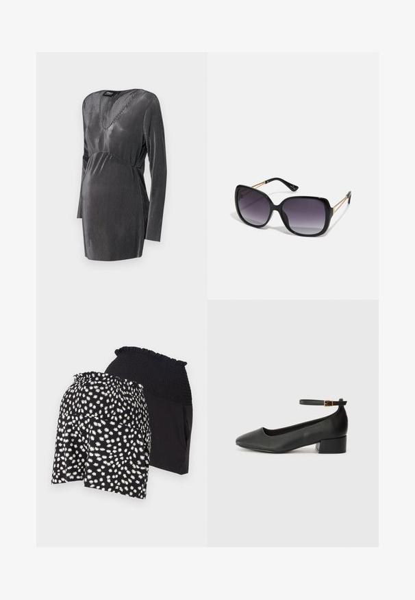 Svart og sølvstripet graviditetskjole med V-hals, lange ermer og empireliv, designet for komfort og stil under graviditeten.; Sorte blomsterbukser med et hvitt tusenfrydsmønster og strikket midje; de indre shortsene er ensfargede svarte med en glatt tekstur.; Sorte skinnpumper med spiss tå og lav blokkhelt. Har ankelrem med gullfarget spenne. Glatt tekstur.; Sorte oversized solbriller med gradient linser, tykke rammer og detaljering med gulltonekjede på tempelarmene.