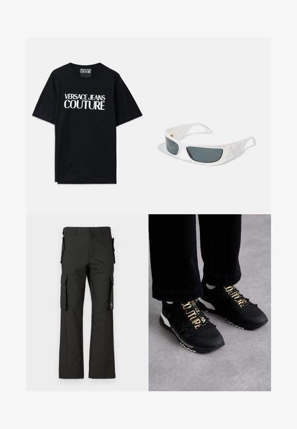 Juoda medvilninė marškinėliai su trumpomis rankovėmis, ant priekinės dalies su dideliais baltais užrašais "VERSACE JEANS COUTURE". Klasikinio apvalaus kaklo dizainas.; Juodos krovinių kelnės su tiesiomis kojomis, turinčios kelias šonines kišenes ir mygtukų užsegimą. Pagamintos iš tvirto audinio, lygia tekstūra.; Versace Jeans Couture Sportbačiai - black/gold; Baltos saulės akinių rėmeliai su pilkais lęšiais, stačiakampio formos, su tekstūruotais akcentais šonuose. Papuošti auksiniais detalėmis.