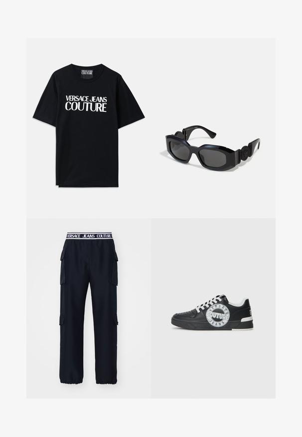 T-shirt de algodão preta com mangas curtas, apresentando um grande texto branco "VERSACE JEANS COUTURE" na frente. Design clássico de gola redonda.; Calças cargo pretas com um cós elástico apresentando um logótipo branco. Bolsos laterais e punhos elásticos nos tornozelos. Feitas de tecido durável.; Tenis de couro preto com detalhes em branco, logótipo redondo, ponta perfurada e sola de contraste. Apresenta atacadores brancos e marca.; Óculos de sol pretos com uma armação larga e angular e lentes escurecidas. Apresenta laterais texturizadas em preto e um detalhe de logo redondo na haste.