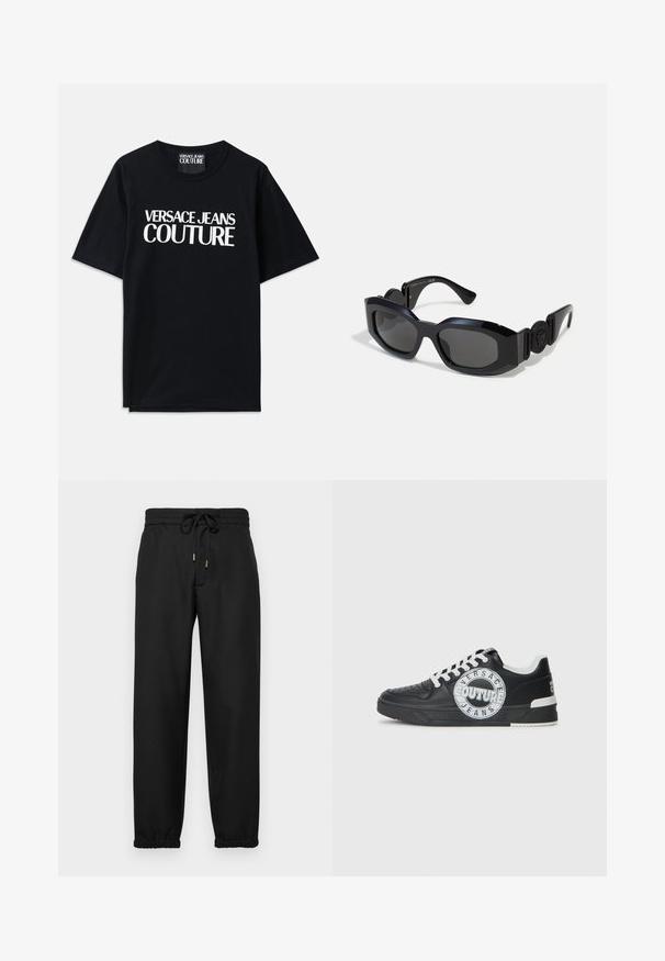 T-shirt in cotone nero con maniche corte, caratterizzato da un grande testo bianco "VERSACE JEANS COUTURE" sulla parte anteriore. Design classico con scollo rotondo.; Pantaloni sportivi neri realizzati in morbido tessuto, con vita elastica e cordino, gambe affusolate e polsini elasticizzati alle caviglie.; Sneaker nere in pelle con accenti bianchi, dettagli del logo rotondo, punta perforata e suola a contrasto. Presentano lacci bianchi e branding.; Occhiali da sole neri con una montatura ampia e angolare e lenti scure. Presentano lati neri testurizzati e un accento rotondo con logo sulla tempia.