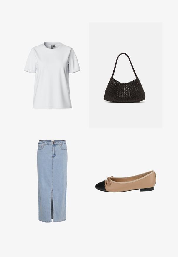 Valkoinen lyhythihainen t-paita pehmeästä kankaasta, jossa on pyöreä kaula-aukko ja käännetyt hihansuut, takana näkyvä etiketti.; Vaaleansininen farkuhame, polvipituinen, jossa on etuhalkio, vyölenkit ja metallinen nappisuljenta, jossa on kontrastivärinen tikkaus.; Beige nahka ballet-tossut, joissa on musta kärki. Ominaisuuksiin kuuluu edessä oleva nauhakulma ja sileä pinta. Matala profiili, jossa on kumipohja.; DRAGON DIFFUSION ROSANNA - Käsilaukku - dark brown