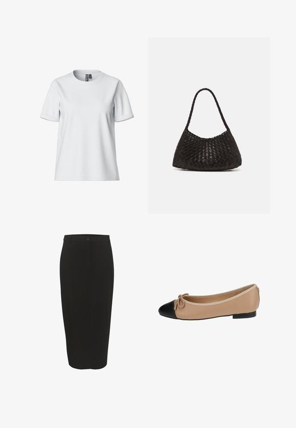 Vit t-shirt med kort ärm tillverkad av mjukt tyg, med rundad halsringning och uppvikta ärmslut, med en etikett synlig på baksidan.; Svart blyertskjol i ett mjukt tyg, hög midja, enkel knappstängning och strukturerad form, som faller strax under knäna.; Ballettskor i beige läder med svart tådel. Har en framknutdetalj och en slät yta. Lågprofildesign med en gummisula.; DRAGON DIFFUSION ROSANNA - Handväska - dark brown