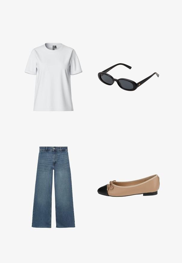 Bijela majica kratkih rukava od mekanog materijala, s okruglim izrezom i podvijenim manžetama, s oznakom vidljivom na leđima.; Široke plave traperice s visokim strukom, s kopčanjem na dugme i zatvaračem, te glatkom, teksturiranom završnom obradom.; Baletna cipela u bež koži s crnim vrhom. Ima detalj s mašnom sprijeda i glatku teksturu. Nizak profil s gumenim potplatom.; Crne velike sunčane naočale s ovalnim staklima, glatkim plastičnim okvirom i zlatnim detaljima na sljepočnicama. Tamna stakla pružaju zaštitu od sunca.; DRAGON DIFFUSION ROSANNA - Ručna torba - dark brown