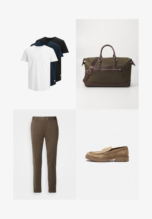 Tričko s krátkym rukávom v bielej, tmavomodrej a čiernej farbe. Vyrobené zo 100% bavlny, s okrúhlym výstrihom a rovnou spodnou časťou. Jednoduchý dizajn, bez vzorov.; Hnedé slim-fit nohavice vyrobené z hladkej tkaniny, s gombíkovým zapínaním a pútkami na opasok, s čistým dizajnom a rovnými nohavicami.; Hnedé semišové mokasíny s okrúhlou špičkou, plochou gumovou podrážkou a dekoratívnym prešitím na vrchu. Majú dizajn na obúvanie bez šnúrok.; Plátenná taška v olivovo zelenej farbe s hnedými koženými akcentmi, vybavená dvojitými držadlami, odnímateľným ramenným popruhom a prednou zipsovou vreckom.