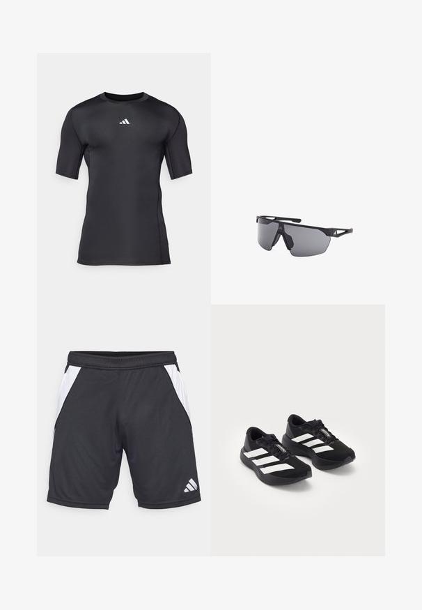 Musta urheilu lyhythihainen paita, joka on valmistettu sileästä ja joustavasta kankaasta. Siinä on valkoinen logo rinnassa ja litteät saumat mukavuutta varten.; Mustat urheilushortsit, jotka on valmistettu kevyestä kankaasta, valkoisilla sivupaneeleilla ja Adidas-logolla oikeassa alakulmassa. Sisältää joustavan vyötärönauhan.; Mustat Adidas Adizero -juoksukengät valkoisilla raidoilla ja nauhoilla valkoista taustaa vasten, aseteltuna vierekkäin.; adidas Performance ANEMOS - Urheilulasit - matte black/smoke gray