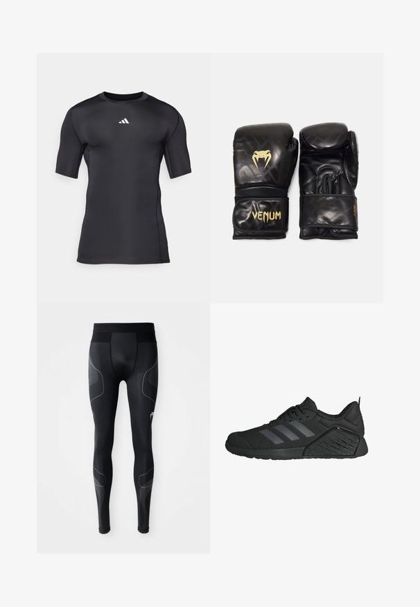 Must musta lühikeste varrukatega T-särk, mis on valmistatud siledast, venivast kangast. Rindkeres on valge logo ja mugavuse tagavad lameõmblused.; Mustad must harjutamiseks mõeldud leggingsid, mis on valmistatud venivast materjalist, laia vöökoha, võrkpaneelide ja helendavate detailidega külgedel.; Mustad mustreejalised jalanõud, millel on võrkmaterjalist ülemine osa, kolm halli triipu, tekstuuriga vaheosa ja kummist välistald, millel on ainulaadne muster.; Mustad mustad poksikindad kuldse "VENUM" logo ja madu embleemiga. Sile nahk tekstuur, pehmendusega disain ja reguleeritavad randme rihmad.