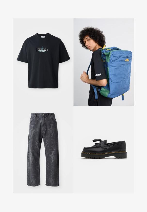 Černé bavlněné tričko s kulatým výstřihem, s tyrkysovým grafickým designem a textem na přední straně. Krátké rukávy a volný střih.; Tmavě šedé džíny s širokými nohavicemi, s jemným tónovým grafickým vzorem a klasickým pětifunkčním designem. Standardní zapínání na knoflík a zip.; Černé kožené mokasíny s třásněmi, se silnou černou podrážkou a žlutým prošíváním podél okraje. Texturovaný povrch.; Modrý a zelený batoh se strukturovaným designem, s předním zipem, nastavitelnými popruhy a žlutými akcenty. Odolná textilie.