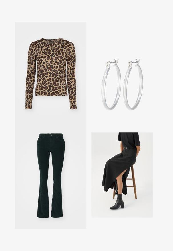 Garinā jäka ar garām piedurknēm bēšā krāsā ar leoparda rakstu, kurā ir brūni un melni plankumi. Apaļa kakla izgriezums un pieguļošs dizains. Mīksta auduma tekstūra.; Platas krokos bikses tumši zaļā krāsā. Iezīmē struktūrveida audumu ar redzamām ribām, piecas kabatas un standarta pogas aizdari.; Melna lina maxi svārki ar augstu šķēlumu, valkāti ar melnu T-kreklu un melniem potīšu zābakiem. Minimālistisks dizains ar brīvu piegriezumu.; Sudraba riņķveida auss gredzeni ar gludu, pulētu apdari. Apaļa forma un drošs klikšķa augšējais slēgums. Viegls dizains, kas piemērots ikdienas valkāšanai.