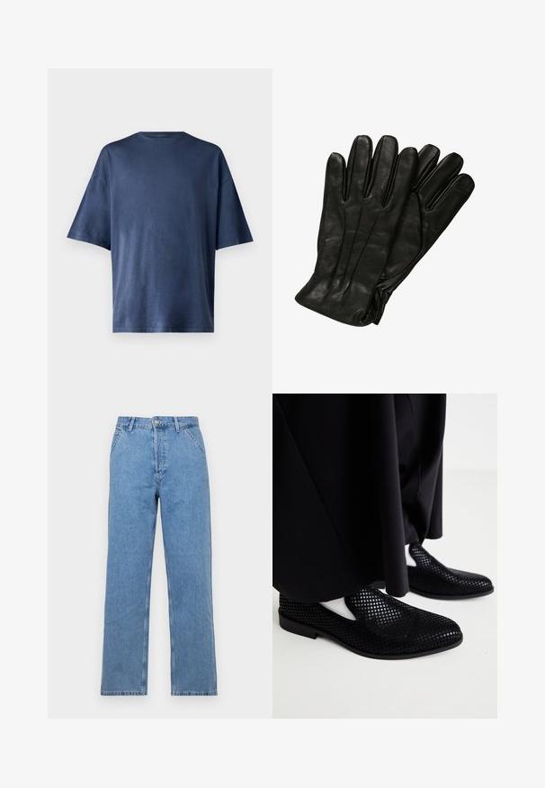 Granatowa koszulka z krótkim rękawem, wykonana z miękkiego materiału, z klasycznym okrągłym dekoltem i luźnym krojem, bez widocznych wzorów czy akcentów.; Jasnoniebieskie dżinsy o prostym kroju z klasycznym pięciopocketowym wykończeniem, z zapięciem na guzik z przodu i szlufkami na pasek. Gładka tekstura.; Czarne perforowane mokasyny na płaskiej podeszwie o gładkiej fakturze. Minimalistyczny design z wycięciami po bokach. Zestawione z czarnymi spodniami.; Czarne skórzane rękawiczki o gładkiej fakturze, pięć palców i subtelne detale w szwach. Klasyczny design, odpowiednie do użytku w zimnych warunkach.
