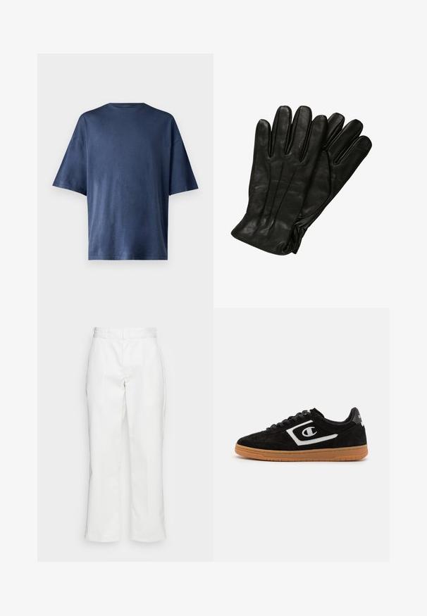Tmavě modré tričko s krátkým rukávem, vyrobené z měkké tkaniny, má klasický kulatý výstřih a volný střih, bez viditelných vzorů nebo akcentů.; Bílé bavlněné kalhoty se střihy rovného střihu, poutky na opasek a bočními kapsami, s hladkou texturou a minimálními detaily.; Černé semišové tenisky s bílým logem, šněrovací design a gumová podrážka. Mají hladký povrch a zaoblený tvar.; Černé kožené rukavice s hladkým povrchem, pěti prsty a jemnými švy. Klasický design, vhodný pro použití v chladném počasí.