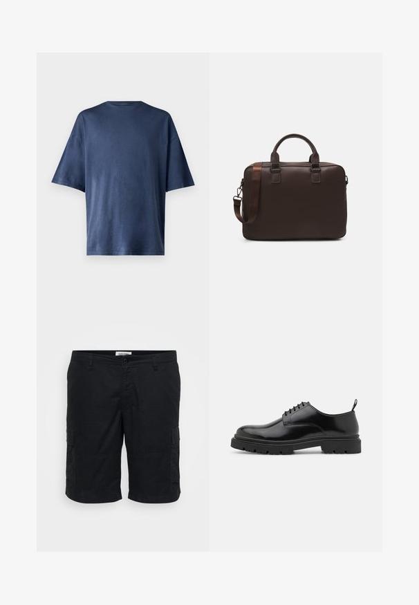 Námornícky modré tričko s krátkym rukávom, vyrobené z mäkkej látky, má klasický okrúhly výstrih a voľný strih, bez viditeľných vzorov či akcentov.; Čierne cargo šortky vyrobené z bavlny. Vlastnosti zahŕňajú dve bočné vrecká, voľný strih a plochý predný diel s uzatváraním na gombík.; Čierne kožené šnurovacie topánky s okrúhlym špičkou, hladkou textúrou a ryhovanou gumovou podrážkou. Obsahujú malý podpätok a úchytku na zadnej strane.; Hnedá kožená taška na laptop s textúrovaným povrchom, dvojitými hornými uchami, nastaviteľným popruhom a dvoma prednými prackami pre pridaný detail.