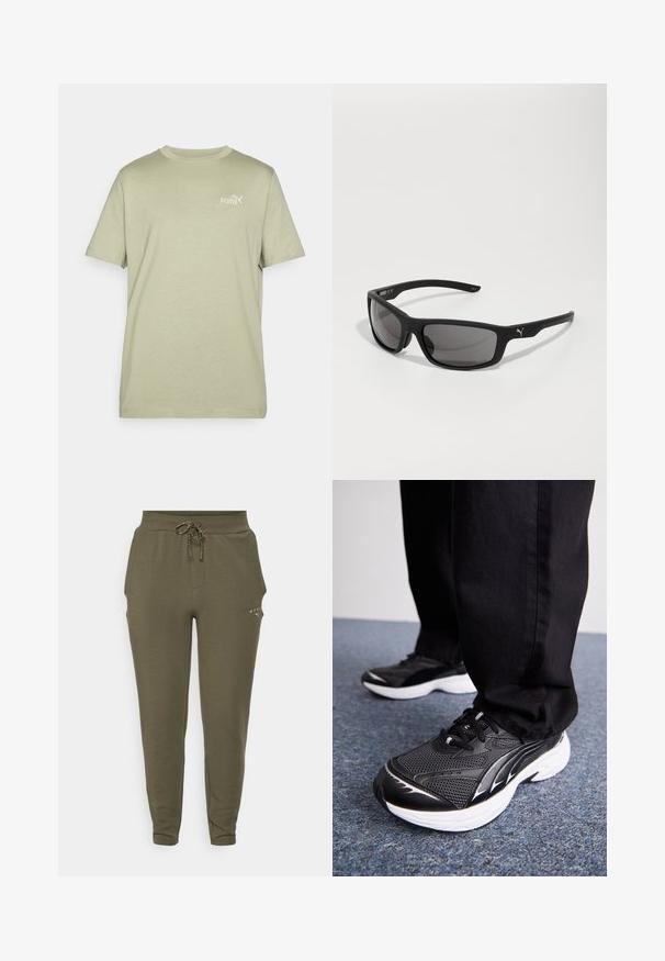 Olivegrünes T-Shirt mit Rundhalsausschnitt und kurzen Ärmeln. Verfügt über ein kleines weißes Puma-Logo auf der Brust. Hergestellt aus weichem, leichtem Stoff.; Olivgrüne Sweatpants mit elastischem Bund und verstellbarem Kordelzug, schlank geschnitten und mit dezentem Logo in der Nähe der Tasche.; Schwarze Sportschuhe aus Netzstoff, weiße Sohle und schwarze Akzente. Die Sohle hat ein strukturiertes Profil. Tragen zu schwarzen Hosen auf einem blauen Teppichboden.; Schwarze Sonnenbrille mit matter Oberfläche, rechteckigen Gläsern und einem auffälligen Logoakzent am Bügel. Polarisierte Gläser, UV-Schutz.