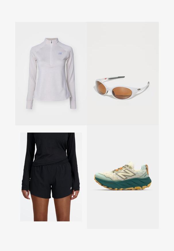Suéter ligero de color gris claro, de manga larga y con cremallera de cuarto, con rayas sutiles, textura suave y un pequeño logo en el pecho. Presenta mangas ajustadas.; Pantalones cortos deportivos negros con una cintura elástica y un logo reflectante. La tela parece ligera y suave, con un corte holgado.; Zapatilla de running para hombre con parte superior de malla ligera en color crema y azul verdoso, suela acolchada color turquesa y cordones naranjas con detalles reflectantes.; Gafas de sol blancas con lentes marrones, en forma ovalada, hechas de plástico suave, con detalles grises en las patillas y un logo en el armazón.