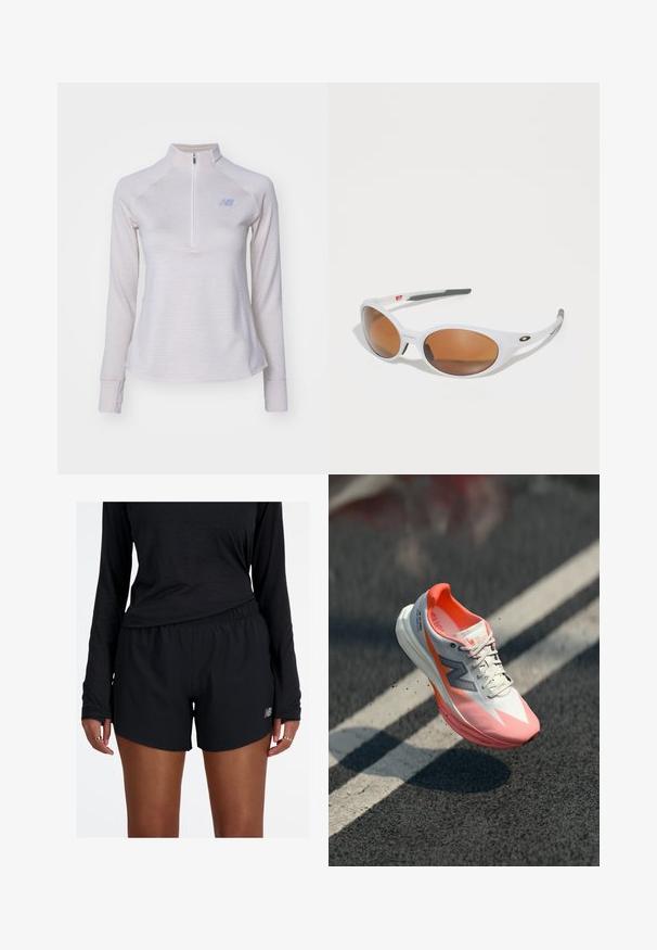 Svetlošedý dlhý rukáv pulóver s krátkym zipsom, jemne pruhovaný, s mäkkou textúrou a malým logom na hrudi. Má priliehavé rukávy.; Čierne športové šortky s elastickým pásom a reflexným logom. Tkanina vyzerá ľahko a hladko, s voľným strihom.; Bežecká obuv s bielym a ružovým zvrškom, so sieťovou štruktúrou, odrazovými akcentmi a polstrovanou podrážkou. Ľahký dizajn pre výkon.; Biele slnečné okuliare s hnedými sklami, oválneho tvaru, vyrobené z hladkého plastu, s sivými akcentmi na rámikoch a logom na obrubách.