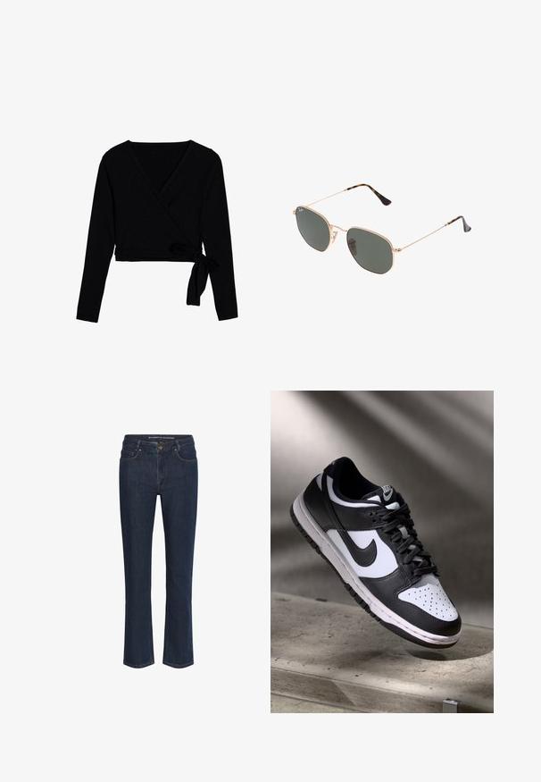 Top negro de manga larga y cruzado, hecho de una tela suave, con escote en V, longitud corta y un nudo atado en el costado para cerrar.; Pantalones vaqueros de pierna recta en azul oscuro con bolsillos frontales, trabillas para cinturón y cierre de botón.; Zapatilla Nike Dunk Low en blanco y negro con parte superior de cuero, caja de dedos perforada y cordones negros, que cuenta con una suela blanca y acentos de logo.; Gafas de sol de metal dorado con lentes verde oscuro, estilo aviador, con patillas delgadas y acentos de carey en los extremos.; Bolso tote negro con patrón geométrico, hecho de un material texturizado. Presenta asas resistentes y una etiqueta, con una forma estructurada.