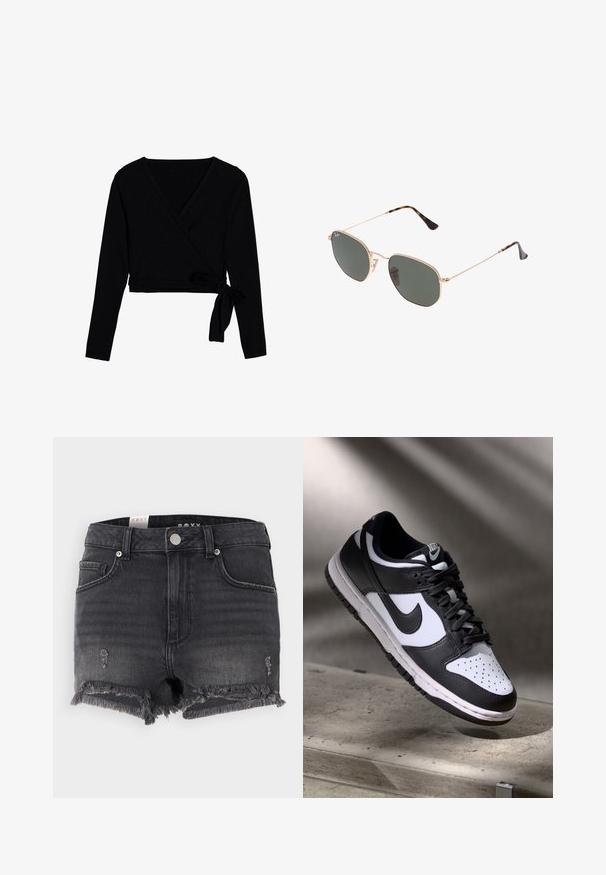 Juodas ilgomis rankovėmis švarkelis, pagamintas iš minkštos medžiagos, su V formos iškirpte, trumpu ilgiu ir surištu mazgu šone kaip uždarymo detalė.; Juodi džinsai šortai su nusidėvėjusia apdaila, suplyšusiais kraštais ir metaliniu užsegimu. Turi klasikinį dizainą ir penkių kišenių stilių.; Juoda ir balta Nike Dunk Low sportbačiai su odiniu viršumi, perforuotu pirštų dėklu ir juodomis raištelėmis, turintys baltą padą ir logotipo akcentus.; Auksiniai metaliniai akiniai nuo saulės su tamsiai žaliomis lęšiais, aviator tipo, su siaurais rėmeliais ir kilpiniu akmeniu ant galiukų.; Juodas torto krepšys su geometriniu raštu, pagamintas iš tekstūruoto medžiagos. Pasižymi tvirtais rankenomis ir etikete, struktūrizuota forma.