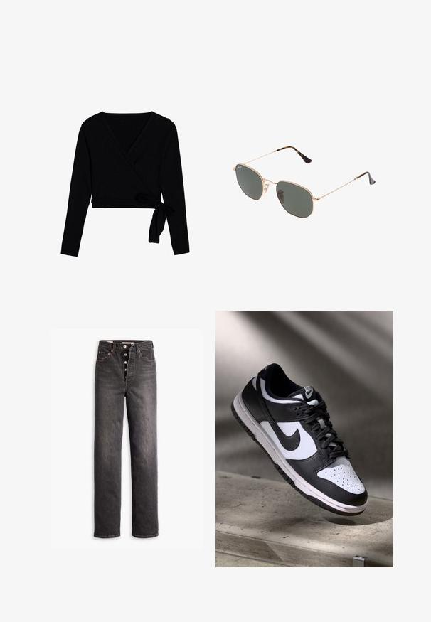Black long-sleeve wrap top made of soft fabric, featuring a V-neck, cropped length, and a tied knot at the side for closure.; Black high-waisted jeans with a straight leg design, made from denim. Features a button fly, copper hardware accents, and contrast stitching.; Black and white Nike Dunk Low sneaker with leather upper, perforated toe box, and black laces, featuring a white sole and logo accents.; Gold metal-frame sunglasses with dark green lenses, aviator style, featuring slim arms and tortoiseshell accents on the tips.; Black tote bag with geometric pattern, made from textured material. Features sturdy handles and a tag, structured shape.