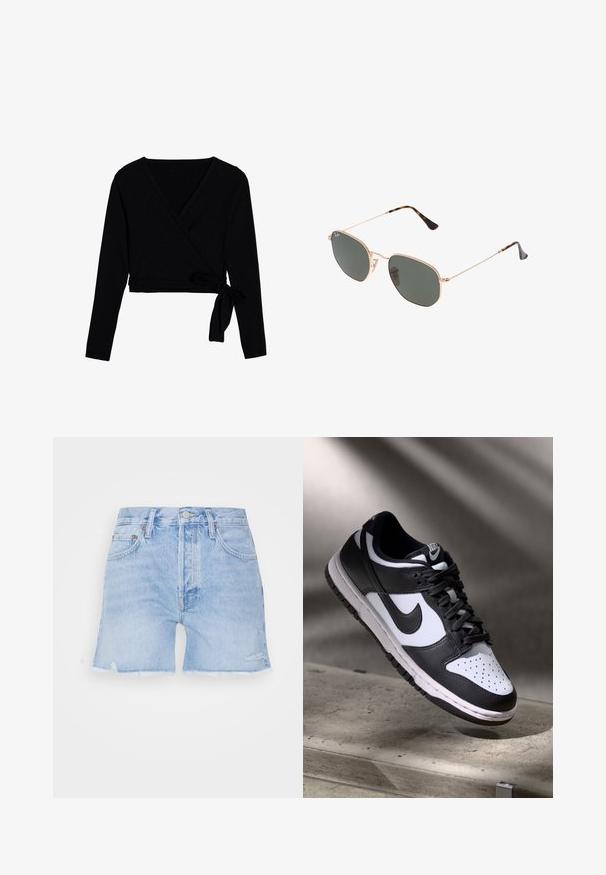 Fekete, hosszú ujjú, átmenetes felső, puha anyagból készült, V-kivágással, rövid hosszal és oldalán megkötéssel.; Világoskék farmer rövidnadrág, rojtos szegéllyel. Klasszikus öt zsebes dizájnnal, gombos záródással és enyhe kopással az anyagon.; Fekete-fehér Nike Dunk Low sneaker, bőr felsőrésszel, perforált orral és fekete fűzőkkel, fehér talppal és logó kiegészítőkkel.; Arany fémkeretes napszemüveg sötétzöld lencsékkel, pilóta stílusban, vékony karokkal és teknősbékás díszítéssel a végeken.; Fekete tote táska geometrikus mintázattal, texturált anyagból készült. Masszív fogantyúkkal és címkével rendelkezik, struktúrált formája van.