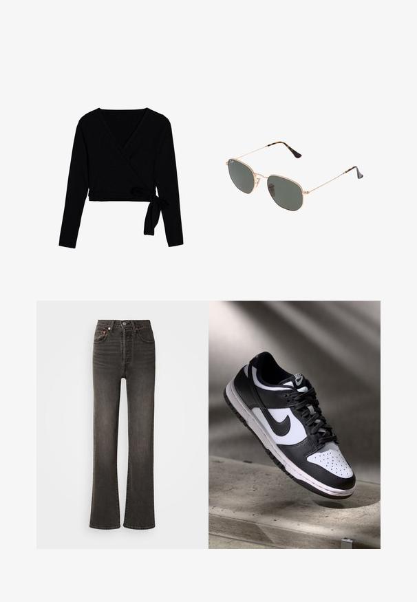 Musta pikka varrukaga kinnitatud särk pehmest kangast, millel on V-kaelus, lühike pikkus ja küljes seotud sõlm sulgemiseks.; Tumedat hallid kõrge vöökohaga sirge säärega teksad, esikinnis nupu ja luku, vööaasade ning viie taskuga.; Mustvalge Nike Dunk Low tossud nahast ülaservaga, perforatsioonidega varbakoht ja mustad kengid, valge tallaga ja logo aktsentidega.; Kuldne metallraamiga prillid tumeroheline lensega, piloot-stiil, millel on õhukesed käepidemed ja kilpkonna mustriga aktsendid otstes.; Mustmelne kott geomeetrilise mustriga, valmistatud tekstureeritud materjalist. Omab tugevaid käepidemeid ja sildikest, struktureeritud kuju.