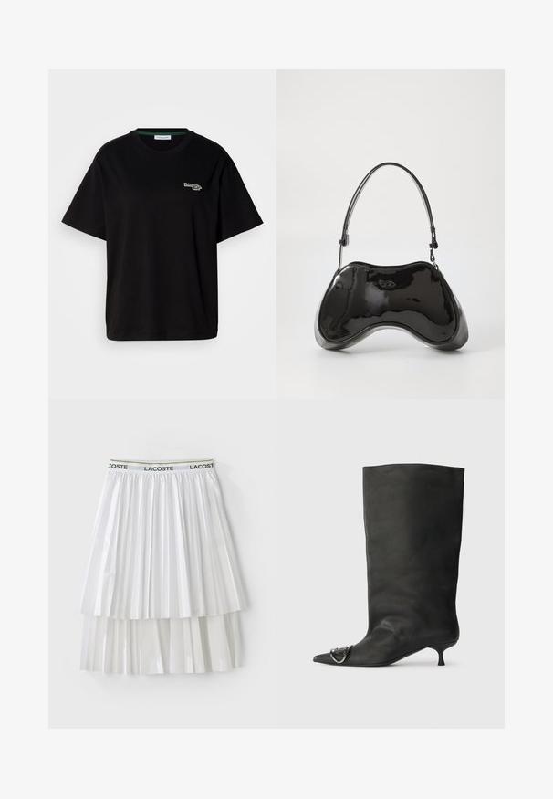 Čierne bavlnené tričko s krátkymi rukávmi, s malým zeleným logom na ľavej strane hrude. Klasický okrúhly výstrih, voľný strih.; Biela skladaná sukňa s textúrovaným dizajnom, vybavená elastickým opaskom s logom. Materiál má hladký povrch s vrstvenými segmentmi.; Čierna kožená členková topánka s špicatou špičkou, malým podpätkom a kovovým akcentom na špičke. Hladká, matná textúra po celom povrchu.; Čierna lakovaná kožená kabelka s jedinečným zakriveným tvarom, krátkym nastaviteľným popruhom a zipsom na vrchu. Hladká textúra s jemným brandingom.