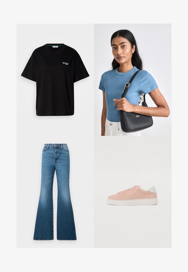 Svart bomull T-skjorte med korte ermer, med et lite grønt logoakcent på venstre bryst. Klassisk rund hals, avslappet passform.; Blå slengbukser laget av denim, med høy midje, subtil bleking og sømdetaljer på lommer og sømmer.; Lys rosa semsket sko med hvit gummisåle, rund tå og hvit hælaccent. Har flate lisser og minimal merking på siden.; Svart teksturert håndveske med en buet fasong, akkompagnert av en gulllogo, kombinert med en ribbet lys blå t-skjorte med korte ermer og hvite bukser.