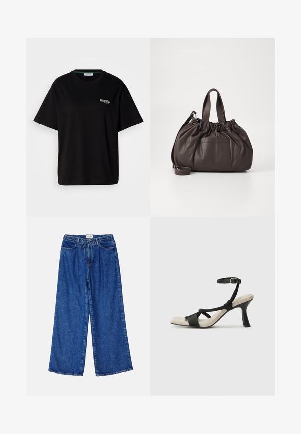 Schwarzes Baumwoll-T-Shirt mit kurzen Ärmeln, das ein kleines grünes Logo-Detail auf der linken Brust aufweist. Klassischer Rundhalsausschnitt, lockere Passform.; Blaue weit geschnittene Jeans aus Denim, mit einem elastischen Bündchen und Kordelzug, zwei Vorderaschen und einer lockeren Passform.; Schwarze Absatzsandale mit geflochtenem Riemendesign, quadratischer Spitze und verstellbarem Knöchelriemen. Helle beigefarbene Sohle mit glänzendem schwarzen Absatz.; Samsøe Samsøe SAEMMI MIDI BAG - Handtasche - dark brown