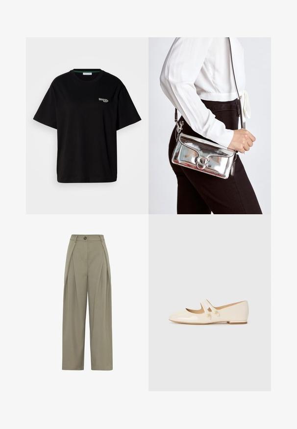 Camiseta de algodón negra con mangas cortas, que presenta un pequeño logo verde en la parte izquierda del pecho. Cuello redondo clásico, ajuste relajado.; Moves LAURO - Pantalones - fossil; Bailarinas de charol color marfil con dos tiras decorativas y botones dorados, que presentan una punta redondeada y un bajo tacón cuadrado.; Bolso metálico plata con una textura suave, que presenta un cierre de broche con un diseño circular, llevado con un atuendo negro y una blusa blanca.