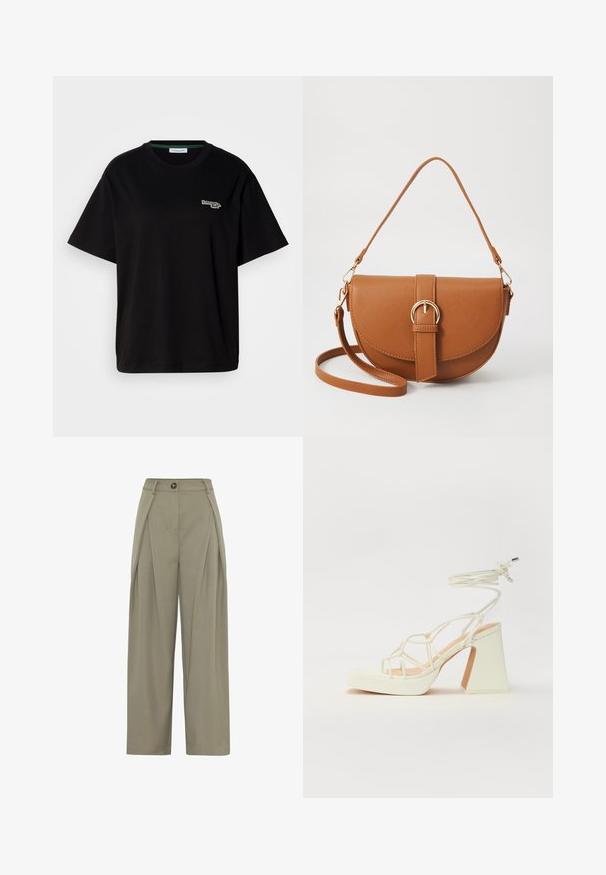Zwarte katoenen t-shirt met korte mouwen, voorzien van een klein groen logo op de linkerkant van de borst. Klassieke ronde hals en een relaxte pasvorm.; Moves LAURO - Broek - fossil; Witte hoge hakken sandaal met een chunky hak, met een bandjesontwerp en enkelband. Gladde textuur met een plateau voor extra hoogte.; Bruine leren schoudertas met een gebogen vorm, gouden hardware en een gespaccent. Bevat een afneembare schouderriem.