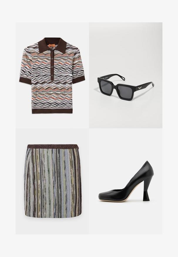 Polo shirt marron avec un motif ondulé multicolore dans des tons de marron, crème et terre cuite ; patte de boutonnage à cinq boutons ; manches courtes.; Jupe courte et ajustée avec des rayures verticales multicolores dans des nuances de vert, noir et marron, dotée d'une taille élastique texturée.; Chaussure à talons hauts en cuir noir avec un bout carré et un talon noir laqué au design unique. Texture lisse et design simple.; Lunettes de soleil noires en forme de carré avec des verres foncés, monture en plastique lisse et accents subtils en forme d'aile sur les tempes.