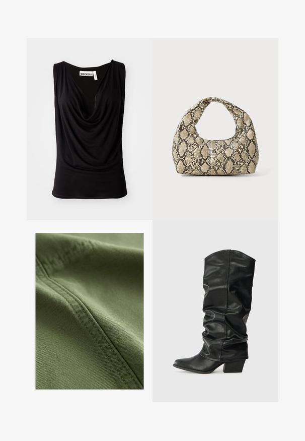 Zwarte mouwloze top met een gedrapeerde halslijn, gemaakt van zachte stof. Bevat een label met "WEEKDAY" aan de binnenkant van de hals. Soepele textuur, aansluitend model.; Next Jeansshort - khaki green; Zwarte leren laarzen tot de knie met een verslonden ontwerp, puntige neus en een chunky hak, voorzien van een zachte textuur en minimale stiksels.; Slangpatroon handtas met een gebogen handvat. Gemaakt van gestructureerde, beige en bruine materialen, met een kenmerkend ruitpatroon.