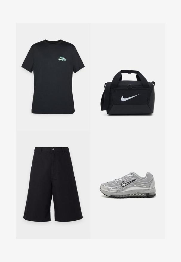 Black cotton t-shirt with short sleeves and a crew neck, featuring a light blue "Just Do It" logo on the upper left chest.; Black cotton shorts with a straight cut, featuring front pockets, a button closure, and a texture suitable for casual wear.; Gray Nike Air Max sneakers featuring a mesh and synthetic upper, wave-like design, black accents, and a visible air cushioning unit.; Black duffel bag with a smooth fabric, dual zippered compartments, padded handles, and a large white Nike logo on the front.