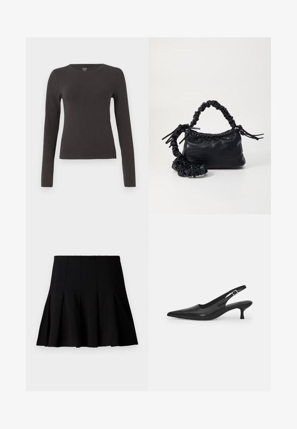 Dlouhý rukáv top vyrobený z tmavě šedé bavlny s kulatým výstřihem, přiléhavým střihem a hladkou texturou. Bez vzorů nebo výrazných akcentů.; Černá krátká skládací sukně vyrobená z hladké látky. Má elastický pas a rozšířený střih, který sahá do poloviny stehna.; Černá kožená nazouvací bota se špičatou špičkou a štíhlým zakřiveným podpatkem. Obsahuje diskrétní nastavitelný pásek s kovovou sponou.; Černá kabelka z umělé kůže s krokodýlím vzorem, staženým vrškem a zmačkaným popruhem. Zdá se, že má měkký a kompaktní design.