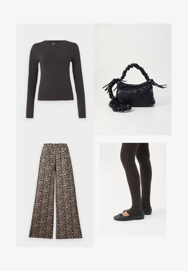 Bluza cu mânecă lungă, din bumbac gri închis, cu decolteu rotund, design ajustat și textură fină. Fără modele sau accente vizibile.; Pantaloni evazați cu talie elastică, în nuanțe de bej și imprimeu de leopard maro, pe fundal alb.; Pantofi negri cu un detaliu mic de fundiță la vârf, asortați cu colanți maro închis, cu textură ondulată. Pantofii au o textură netedă și un profil joase.; Geantă din faux leather neagră cu textură de crocodil, cu partea superioară strânsă și o curea mototolită. Pare moale și compactă ca design.