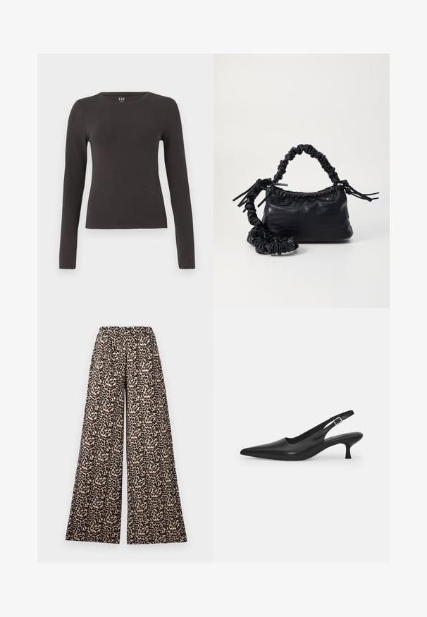 Pitkähihaista tummaa harmaata puuvillapaitaa, jossa on pyöreä kaula-aukko, vartalonmyötäinen muotoilu ja sileä pinta. Ei kuvioita tai huomattavia yksityiskohtia.; Laahustavat housut, joissa on elastinen vyötärö, vaaleanruskeassa ja ruskeassa leopardikuosisessa, valkoista taustaa vasten.; Mustan nahkainen slingback-kengät, joissa on terävä nenä ja kapea, kaareva korko. Varustettu huomaamattomalla säädettävällä hihnalla, jossa on metallinen solki.; Must-have mustekahvi nahkalaukku krokotiiliaistalla, kiristetty yläosa ja rypistetty hihna. Näyttää pehmeältä ja kompaktilta muotoilultaan.
