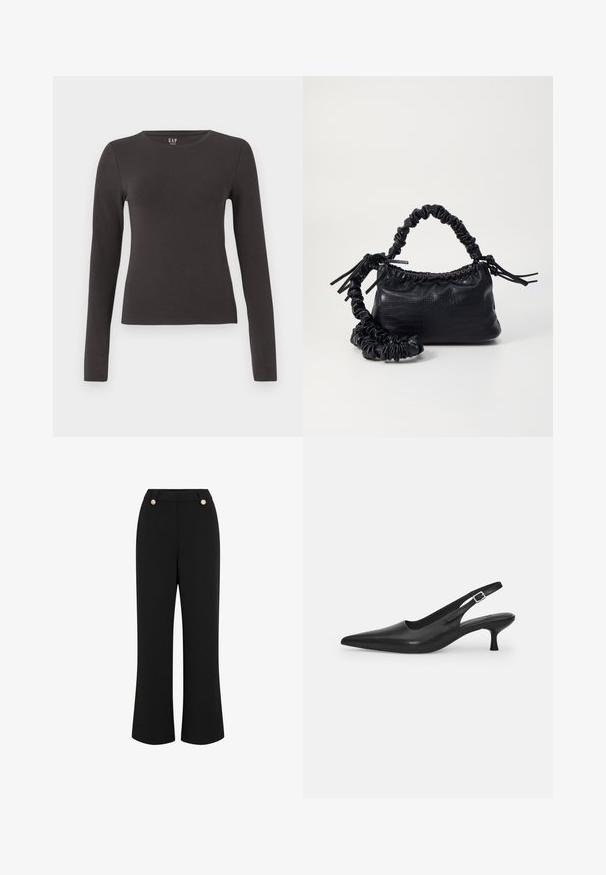 Top de manga larga hecho de algodón gris oscuro con cuello redondo, diseño ajustado y textura suave. Sin patrones ni acentos notables.; Pantalones de pierna ancha negros con textura suave, que presentan una cintura alta, dos botones en tono dorado y un diseño ajustado. Sin bolsillos visibles.; Zapato negro de piel tipo slingback con punta afilada y un tacón delgado y curvado. Presenta una correa ajustable discreta con una hebilla de metal.; Bolso de mano de imitación cuero negro con textura de cocodrilo, parte superior fruncida y correa arrugada. Presenta un diseño suave y compacto.