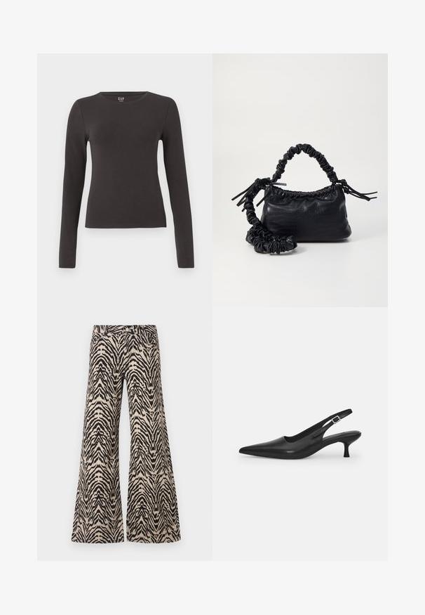 Hosszú ujjú felső sötétszürke pamutból, kerek nyakkivágással, formázott fazonnal és sima textúrával. Nincsenek minták vagy szembetűnő díszítések.; Széles lábú nadrág, bézs és fekete zebra mintás anyagból, magas derékkal és hagyományos öt zsebes kialakítással.; Fekete bőr szandálcipő hegyes orral és karcsú, ívelt sarokkal. Diszkrét, állítható pánttal rendelkezik, fém csattal.; Fekete műbőr kézi táska krokodil bőr textúrával, összehúzható tetejű és gyűrt pánttal. Lágy és kompakt dizájnúnak tűnik.